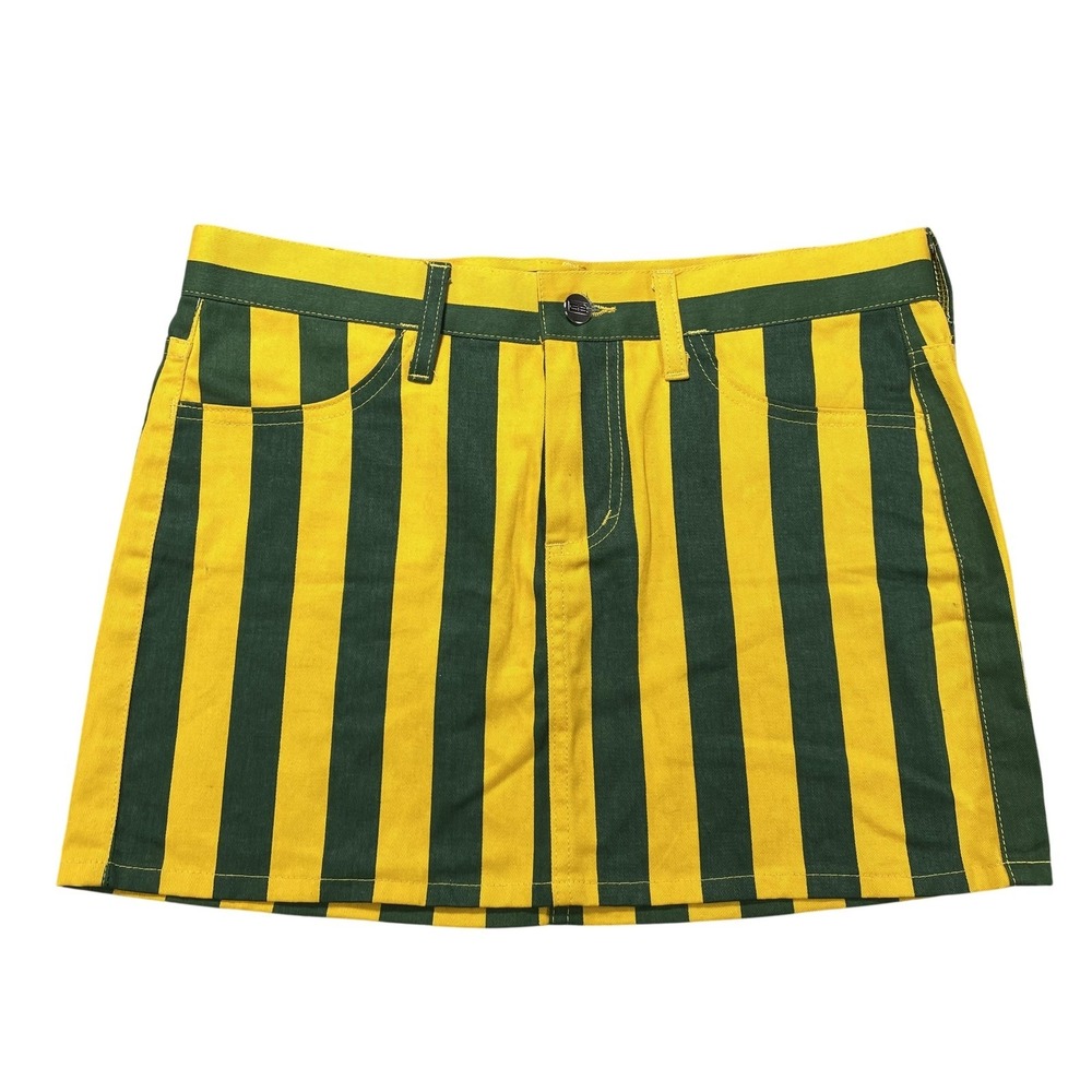 Game Bibs Skirt Womens‎ 2 Green Yellow Stripe Denim Mini Pockets Game Day